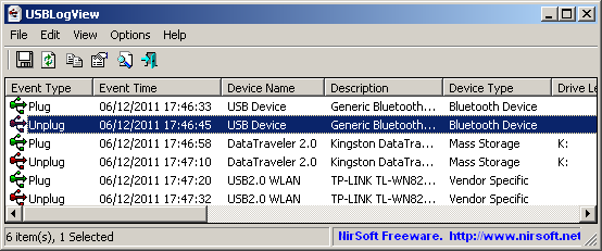 USBLogView 1.20 software screenshot