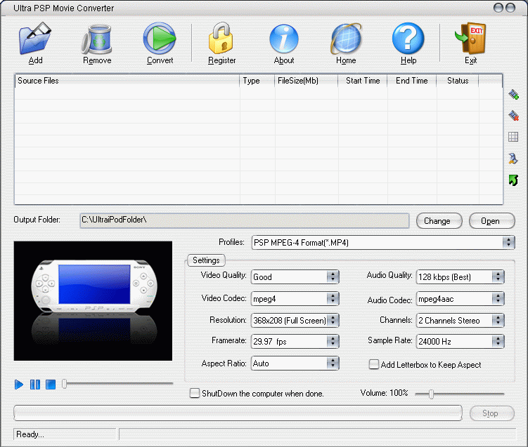 Ultra PSP Movie Converter 6.1.1208 software screenshot