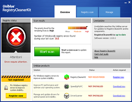 Uniblue RegistryCleanerKit 1.0.1.4 software screenshot