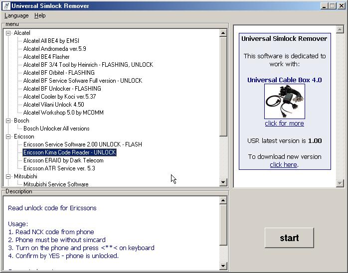 Universal Simlock Remover 1.09 software screenshot