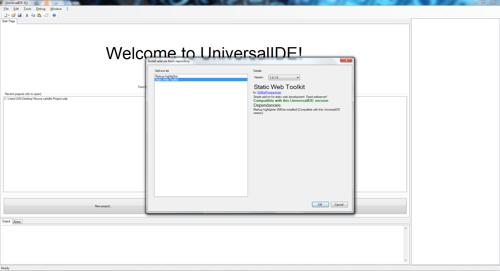 UniversalIDE 0.3 Beta software screenshot