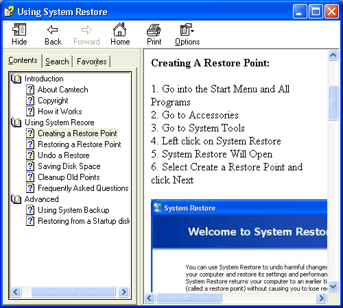Using System Restore 1.0 software screenshot
