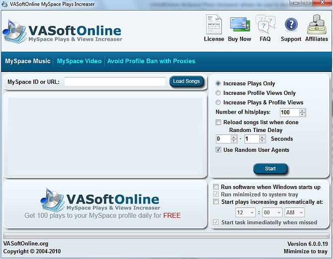 VASoftOnline MySpace Plays Increaser 6.4.2.2 software screenshot