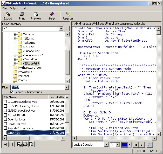 VBScodePrint 1.2.76 software screenshot
