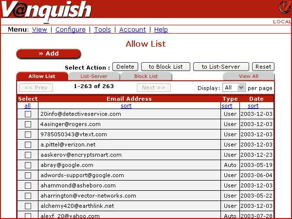 Vanquish Personal Anti Spam (vqME.com) 4.5 software screenshot
