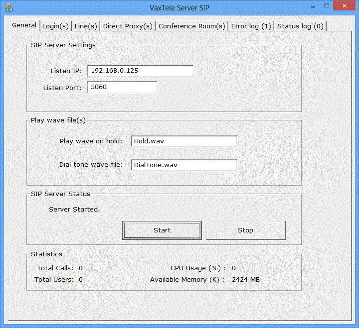 VaxTele SIP Server SDK 2.4 software screenshot