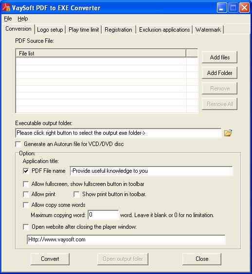 VaySoft PDF to EXE Converter 7.01 software screenshot