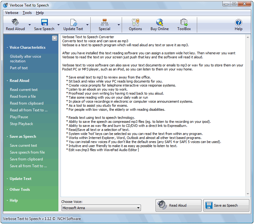 Verbose Text to Speech Software 1.32 software screenshot
