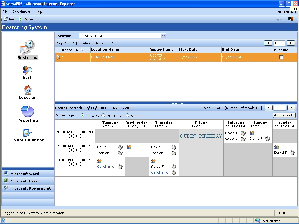 VersaERS Employee Rostering System 2.1.2 software screenshot