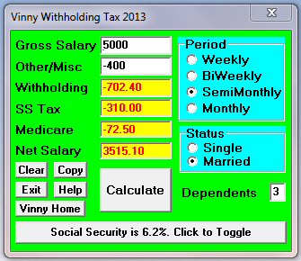 Vinny Federal Tax Payroll Withholding Calculator 2013 13.0 software screenshot