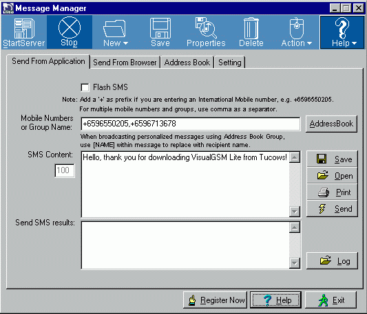 VisualGSM Lite SMS Sender 2.0 software screenshot