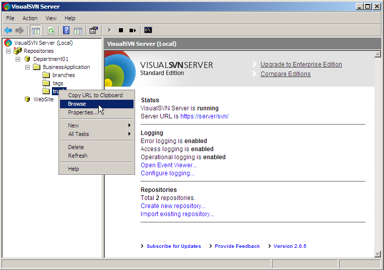 VisualSVN Server 2.6.4 software screenshot