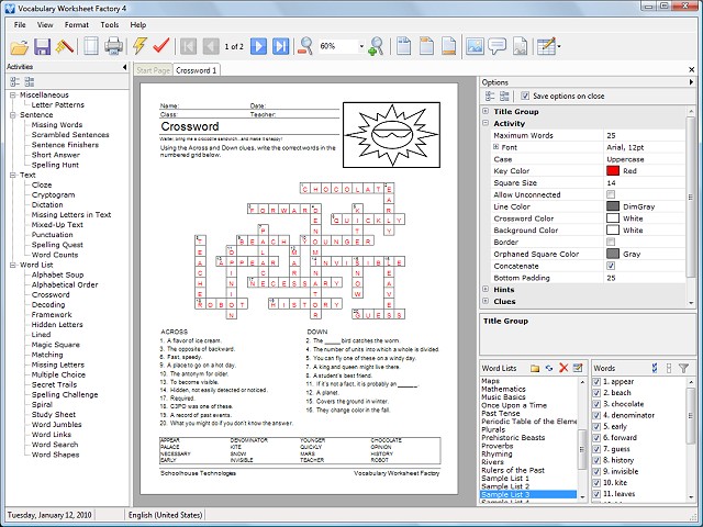 Vocabulary Worksheet Factory 6.0.1.12 software screenshot