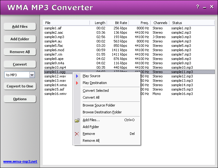 WMA WMV ASF MP3 Converter 2.1.791 software screenshot