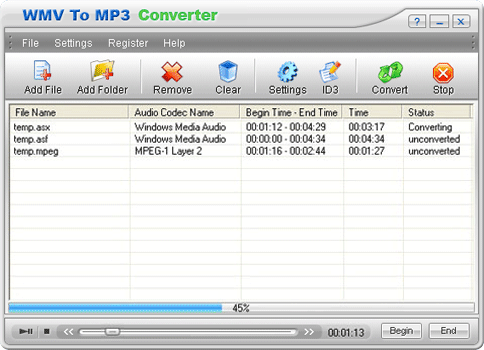 WMV To MP3 Converter 1.00 software screenshot