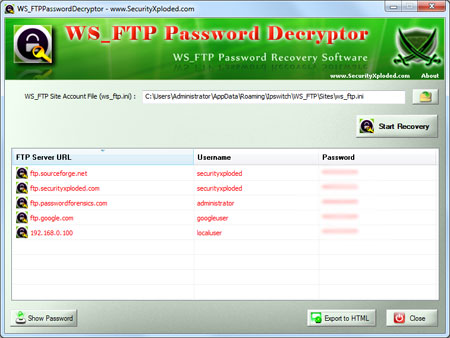 WS_FTP Password Decryptor 3.0 software screenshot