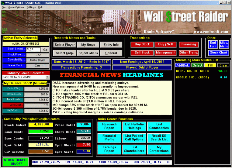 Wall Street Raider 7.70 software screenshot