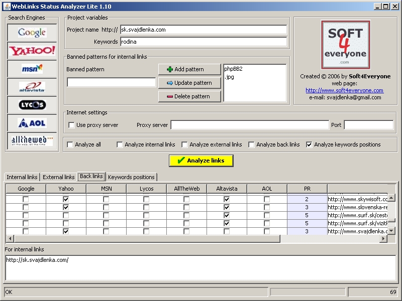 Weblinks Status Analyzer Lite 1.10 software screenshot