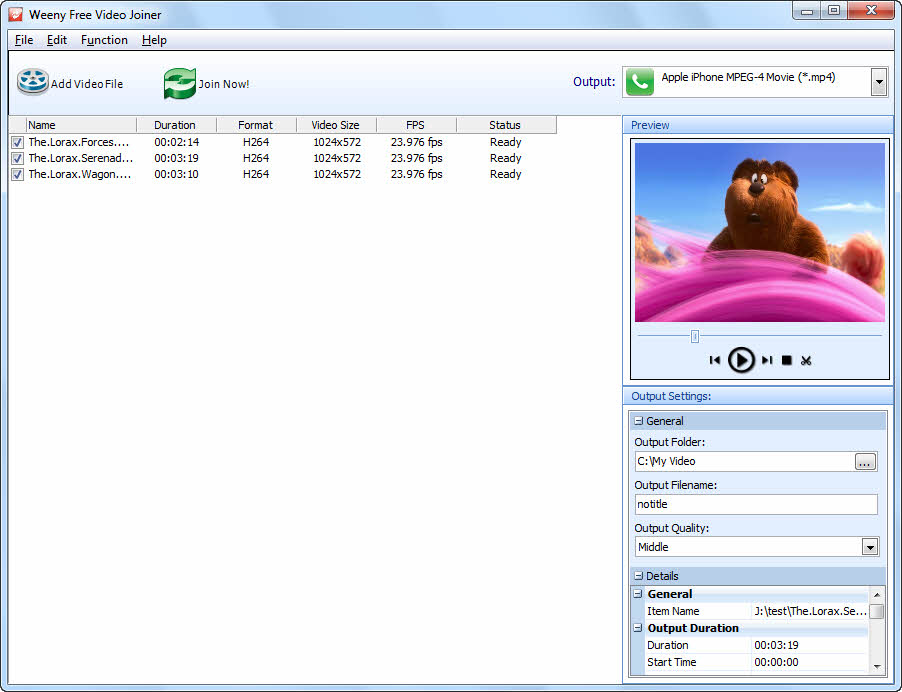 Weeny Free Video Joiner 1.2 software screenshot