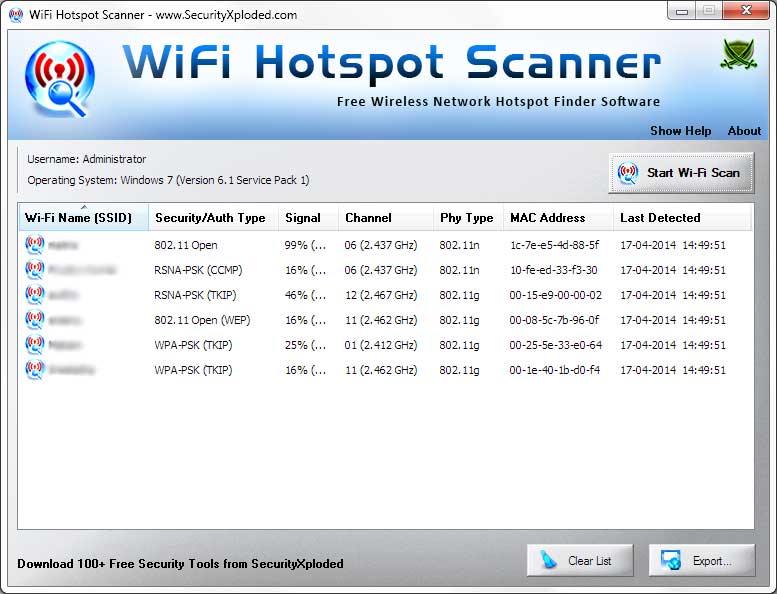 WiFi Hotspot Scanner 5.0 software screenshot