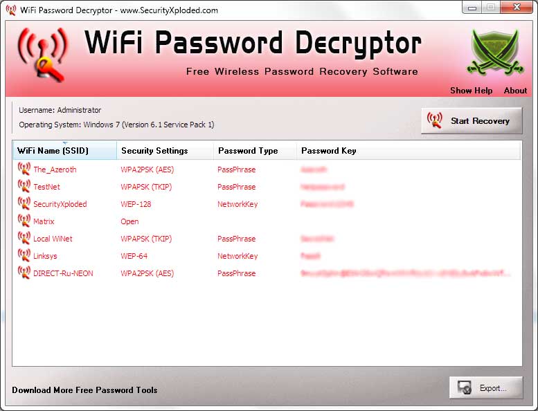 WiFi Password Decryptor Portable 2.0 software screenshot