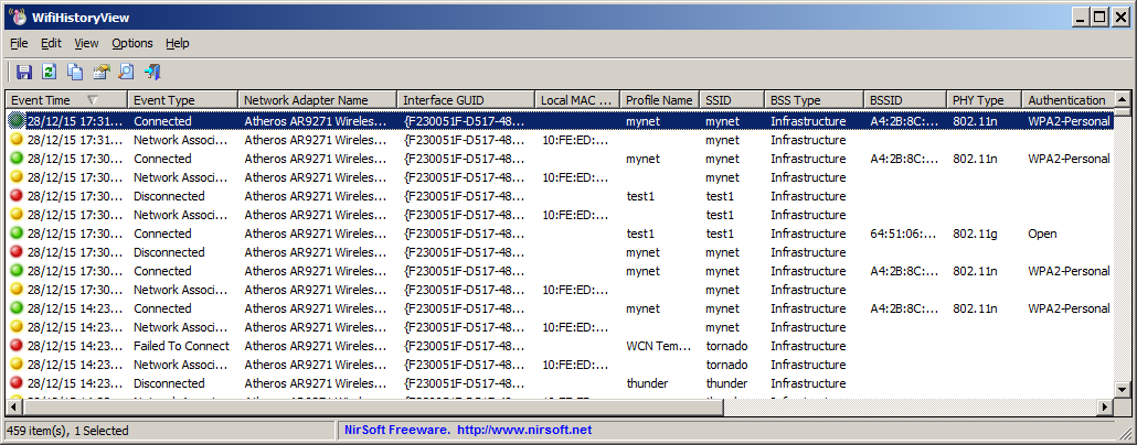 WifiHistoryView 1.45 software screenshot