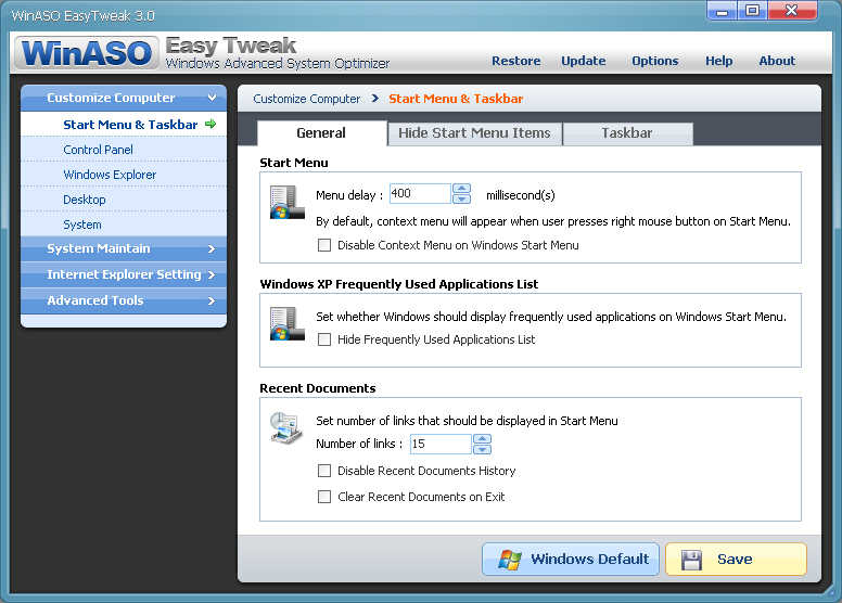 WinASO EasyTweak 3.4.0 software screenshot