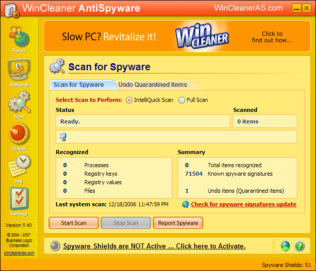 WinCleaner AntiSpyware 5.4 software screenshot