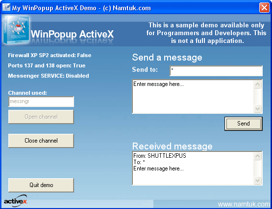 WinPopup ActiveX 1.04 software screenshot