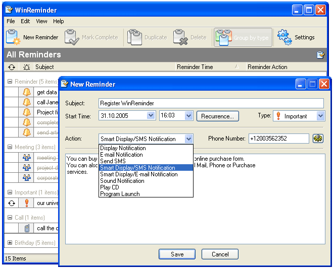 WinReminder 2.0 software screenshot