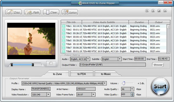 WinX DVD to Zune Ripper 4.0.6 software screenshot
