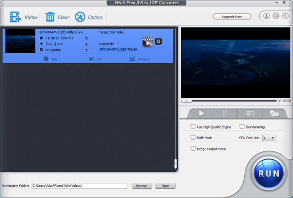 WinX Free AVI to 3GP Converter 5.0.2 software screenshot