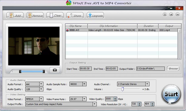 WinX Free AVI to MP4 Converter 4.1.7.20130709 software screenshot