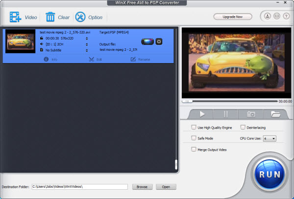 WinX Free AVI to PSP Video Converter 5.0.1 software screenshot
