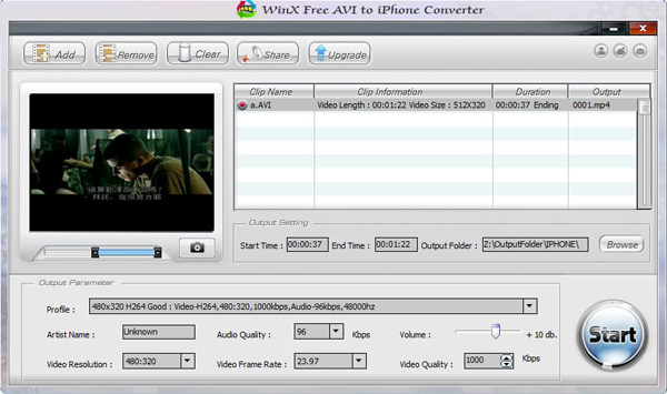 WinX Free AVI to iPhone Converter 5.0.2 software screenshot