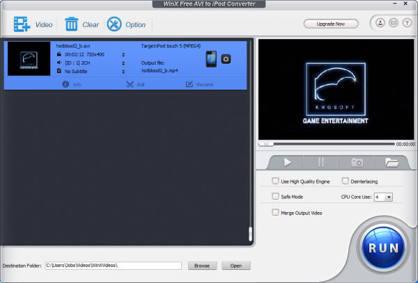 WinX Free AVI to iPod Video Converter 5.0.1 software screenshot