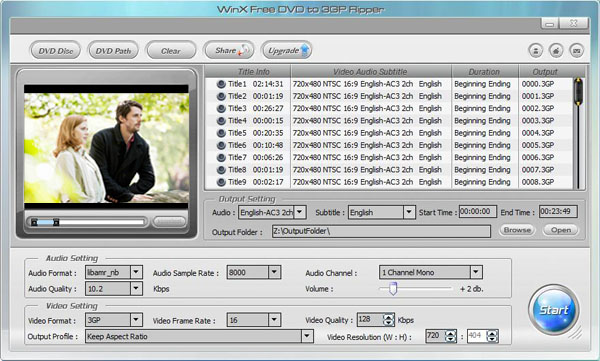 WinX Free DVD to 3GP Ripper 7.0.2 software screenshot