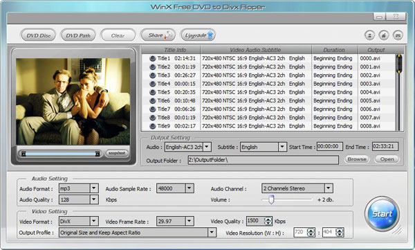 WinX Free DVD to DivX Ripper 3.1.23 software screenshot