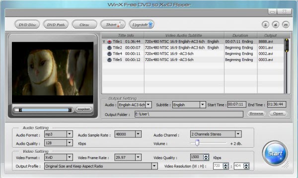 WinX Free DVD to XviD Ripper 4.1.23.20130704 software screenshot