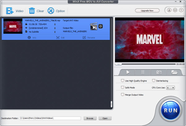WinX Free MOV to AVI Video Converter 5.0.2 software screenshot