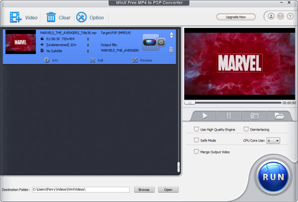 WinX Free MP4 to PSP Converter 5.0.1 software screenshot