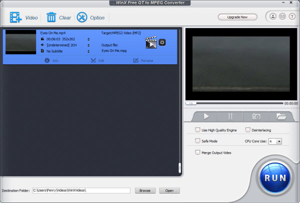 WinX Free QT to MPEG Converter 5.0.7 software screenshot