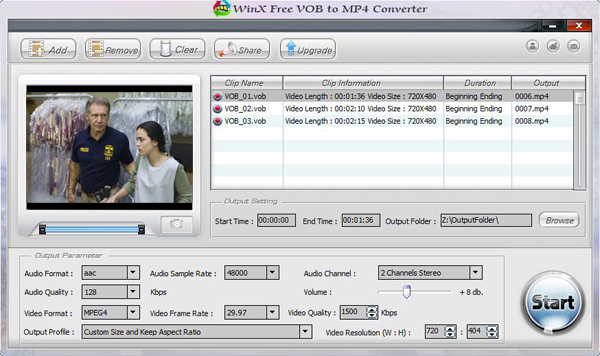 WinX Free VOB to MP4 Converter 2.1.3 software screenshot