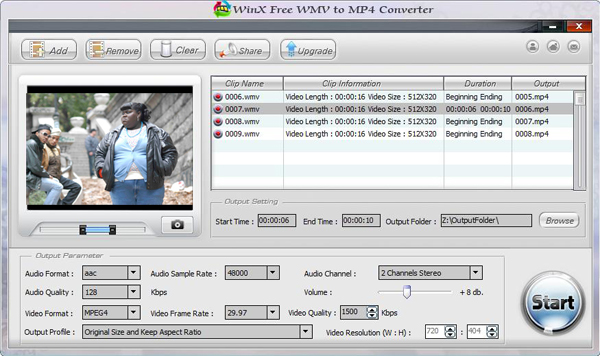 WinX Free WMV to MP4 Converter 2.0.12 software screenshot