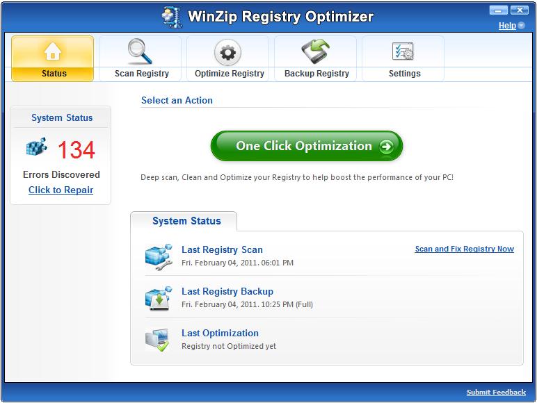 WinZip Registry Optimizer 2.0.72.2536 software screenshot