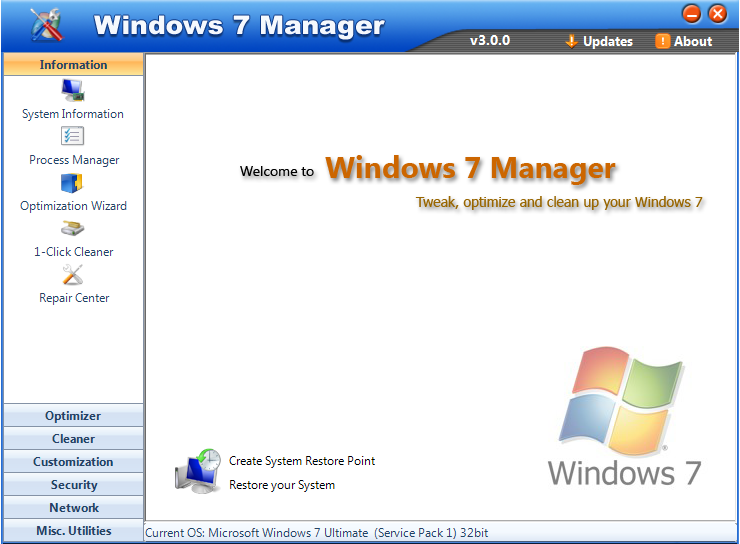 Windows 7 Manager 5.1.9 software screenshot
