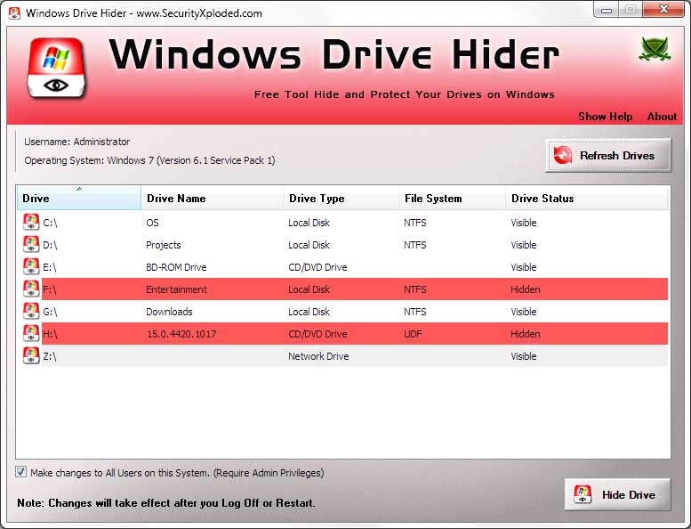 Windows Drive Hider 3.0 software screenshot