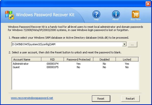 Windows Password Recover Kit 1.7 software screenshot