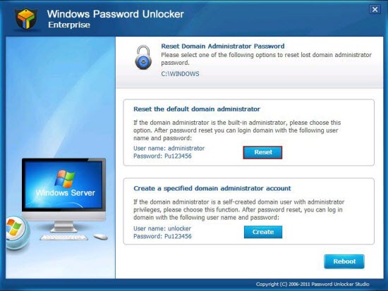 Windows Password Unlocker Enterprise 7.0 software screenshot