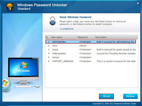 Windows Password Unlocker Standard 7.0 software screenshot